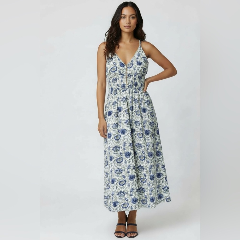 CAROLINE CONSTAS White Blue Floral Midi Dress Sundress Small NWT Cottagecore